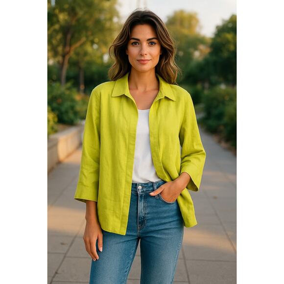 TALBOTS Pure Irish Linen Light Bright Green Open Blazer 3/4 Sleeves Size L - Picture 1 of 8